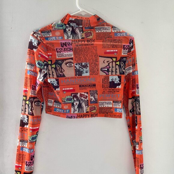 SHEIN SXY - Stand Collar Newspaper Print Crop Top - Picture 4 of 7